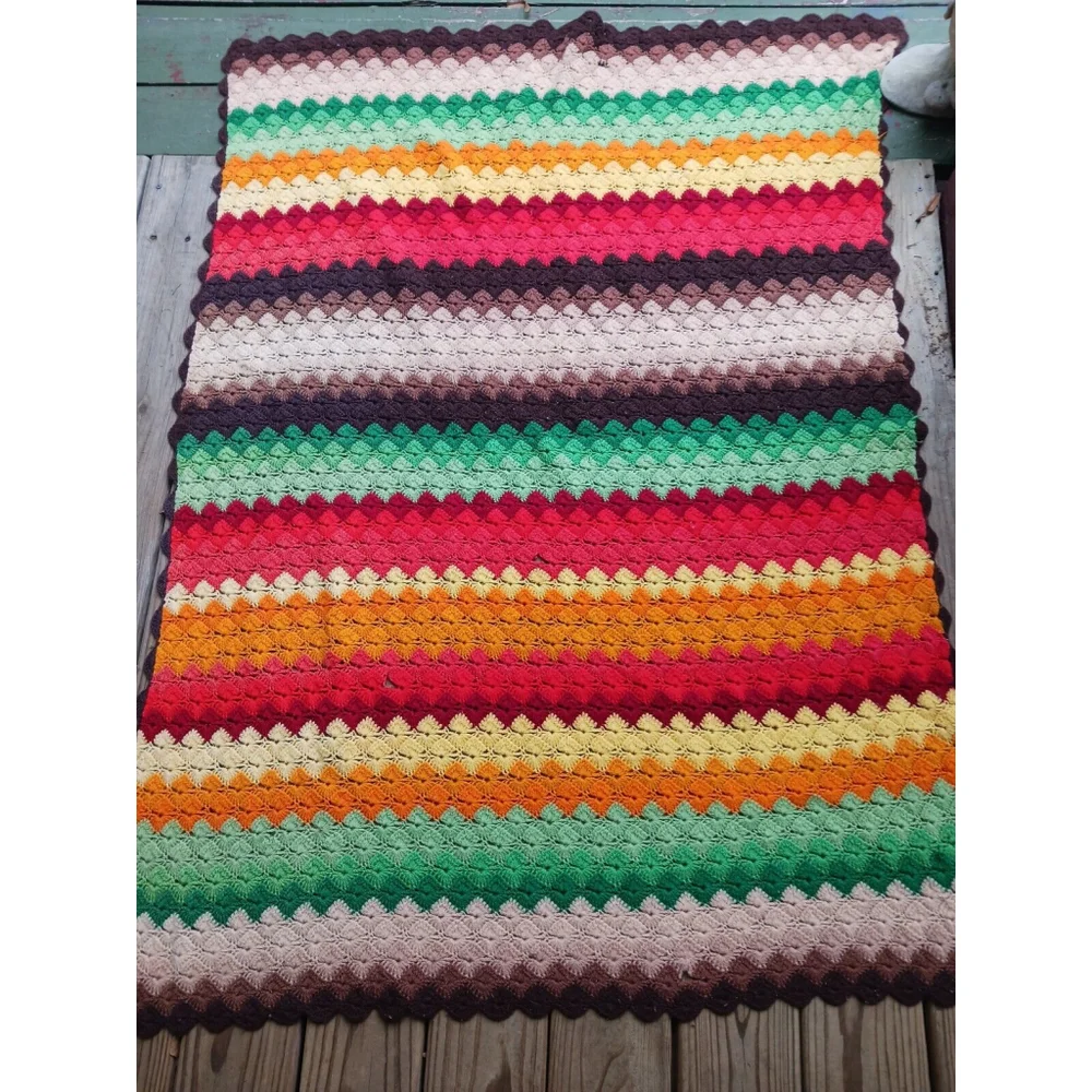 Afghan Granny Knit Stripe Lap Blanket Red 58x44 Vintage